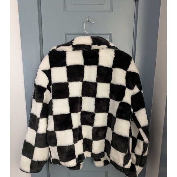 VANS Off The Wall NATALIE JACKET Faux Fur BLACK WHITE CHECKERBOARD XS Skate Coat - Picture 7 of 7